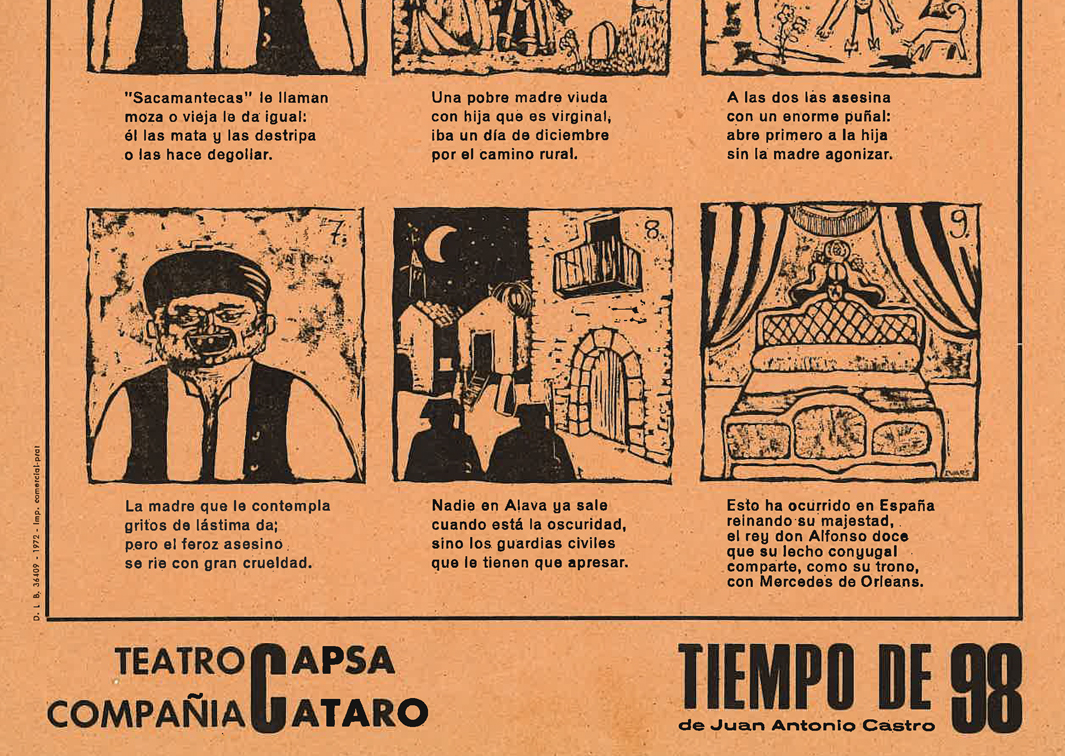 Tiempo de 98, de Juan Antonio Castro (1972), por el grupo Cátaro. Cartel con aleluyas. Procedencia: CDAEM.